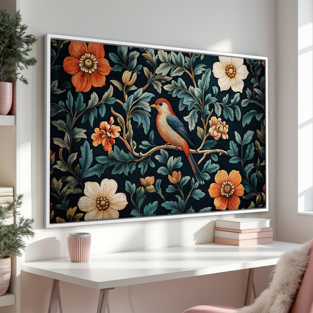 Framed Wall Art: Bird and floral canvas print in a dark, moody style with orange, teal, and cream color palette. Perfect for adding elegance to any space.