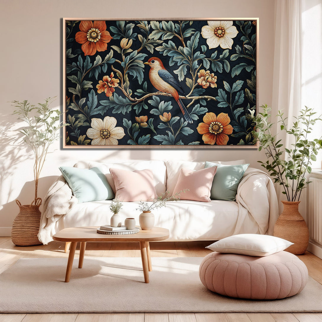 Framed Wall Art: Bird and floral print with a dark background, featuring orange, blue, and green tones. Perfect for adding a touch of nature to your home decor.