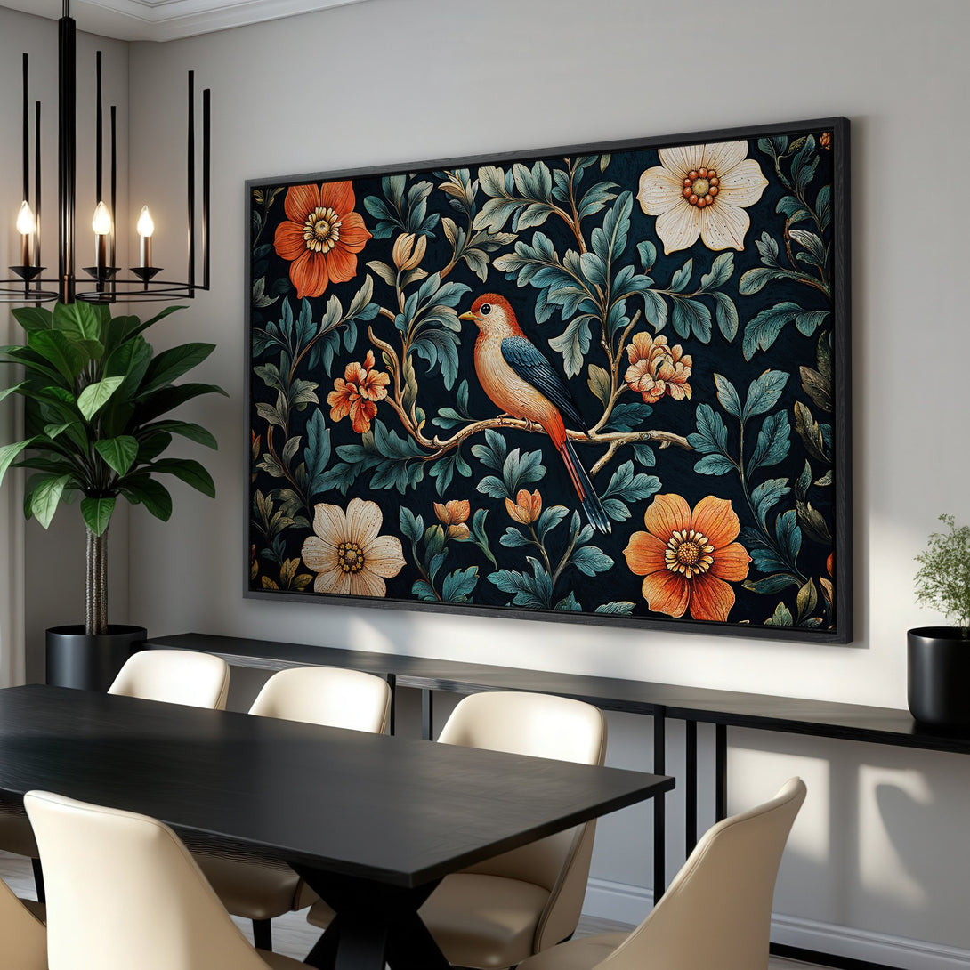 Framed Wall Art: Bird and floral Canvas Print with a vintage botanical design in a dark, moody color palette. Perfect for adding elegance to any room.