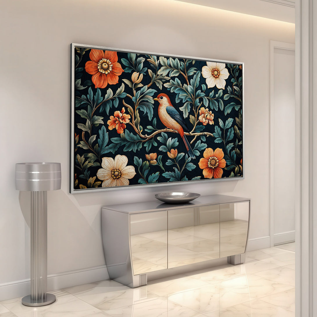 Framed Wall Art featuring a bird and floral design in a vintage style. Rich teal, orange, and cream color palette, perfect for home decor.