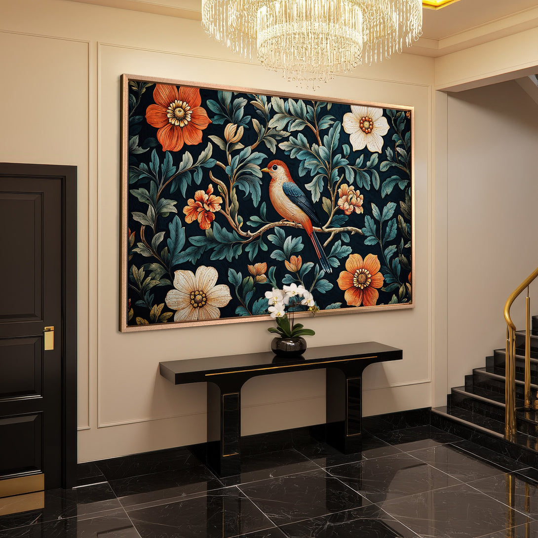 Framed Wall Art: Floral Canvas Print with bird, featuring a dark teal and orange color palette, perfect for luxury interior design.