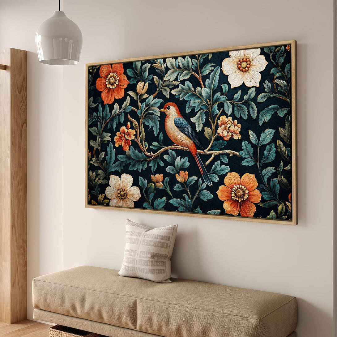 Framed Wall Art featuring a bird and floral design in a vintage style with a dark teal, orange, and cream color palette. Perfect for adding a touch of elegance.
