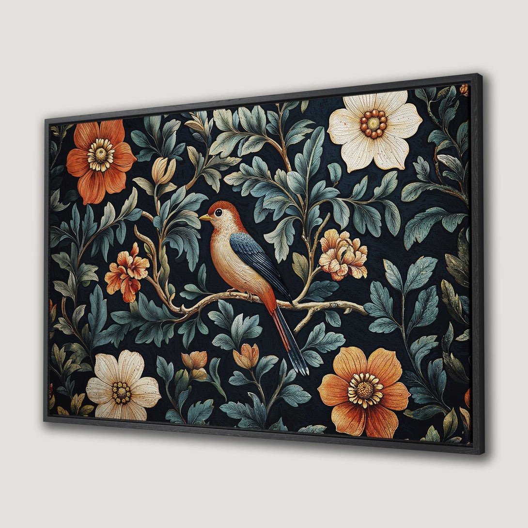 Framed Wall Art featuring a bird and floral design in a vintage style with a dark blue, orange, and teal color palette. Add a touch of elegance to your space!