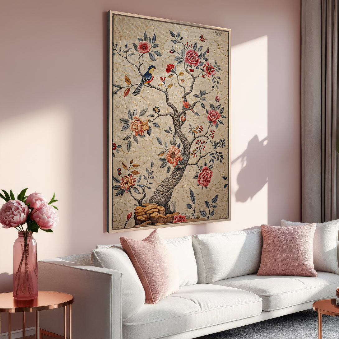 Framed Wall Art: Vintage floral tree print with birds in a warm, inviting color palette. Perfect for adding a touch of elegance to your living room!