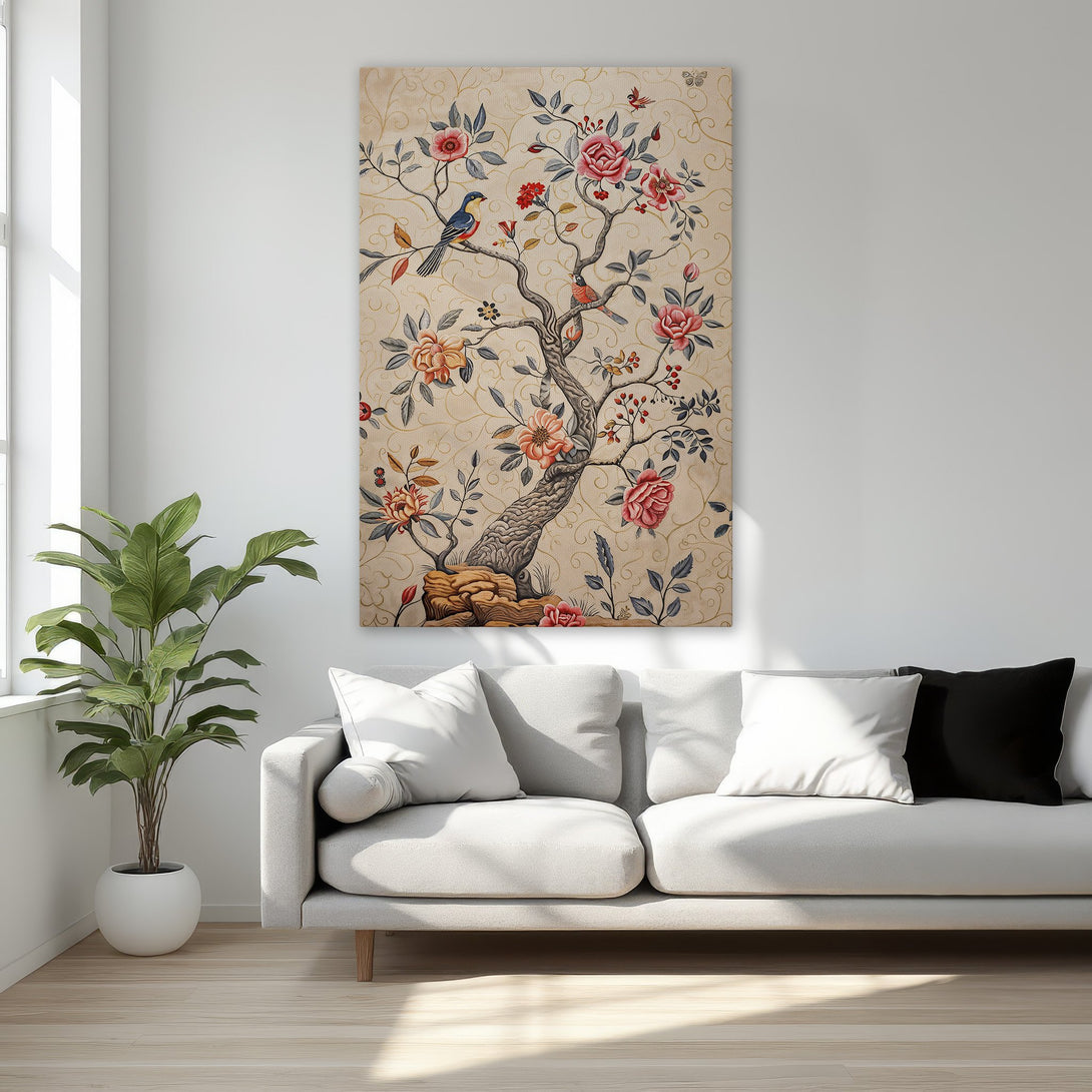 Framed Wall Art featuring a floral tree design with birds, in a vintage style. Warm beige, red, and blue color palette. Perfect for adding elegance to any room.