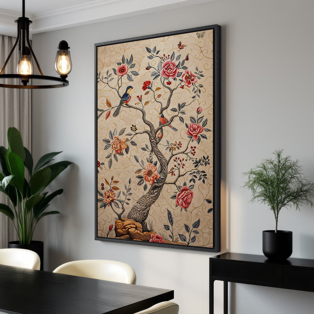 Framed Wall Art featuring a floral tree design with birds, in a vintage style. The color palette includes beige, red, and blue tones, perfect for home decor.