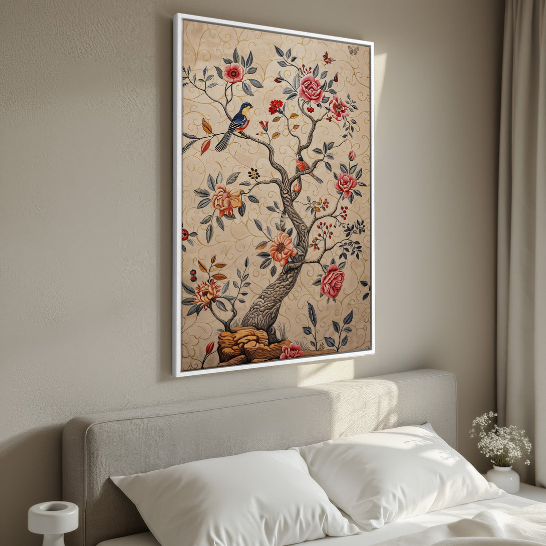 Framed Wall Art featuring a floral tree design with birds, in a vintage style. Warm beige and red color palette adds a touch of elegance to any space.