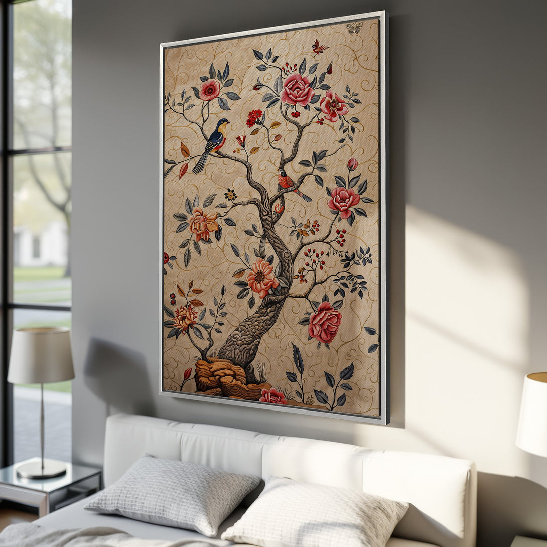 Framed Wall Art featuring a vintage floral tree design. Warm beige background with red, pink, and blue accents. Perfect for adding elegance to any room.