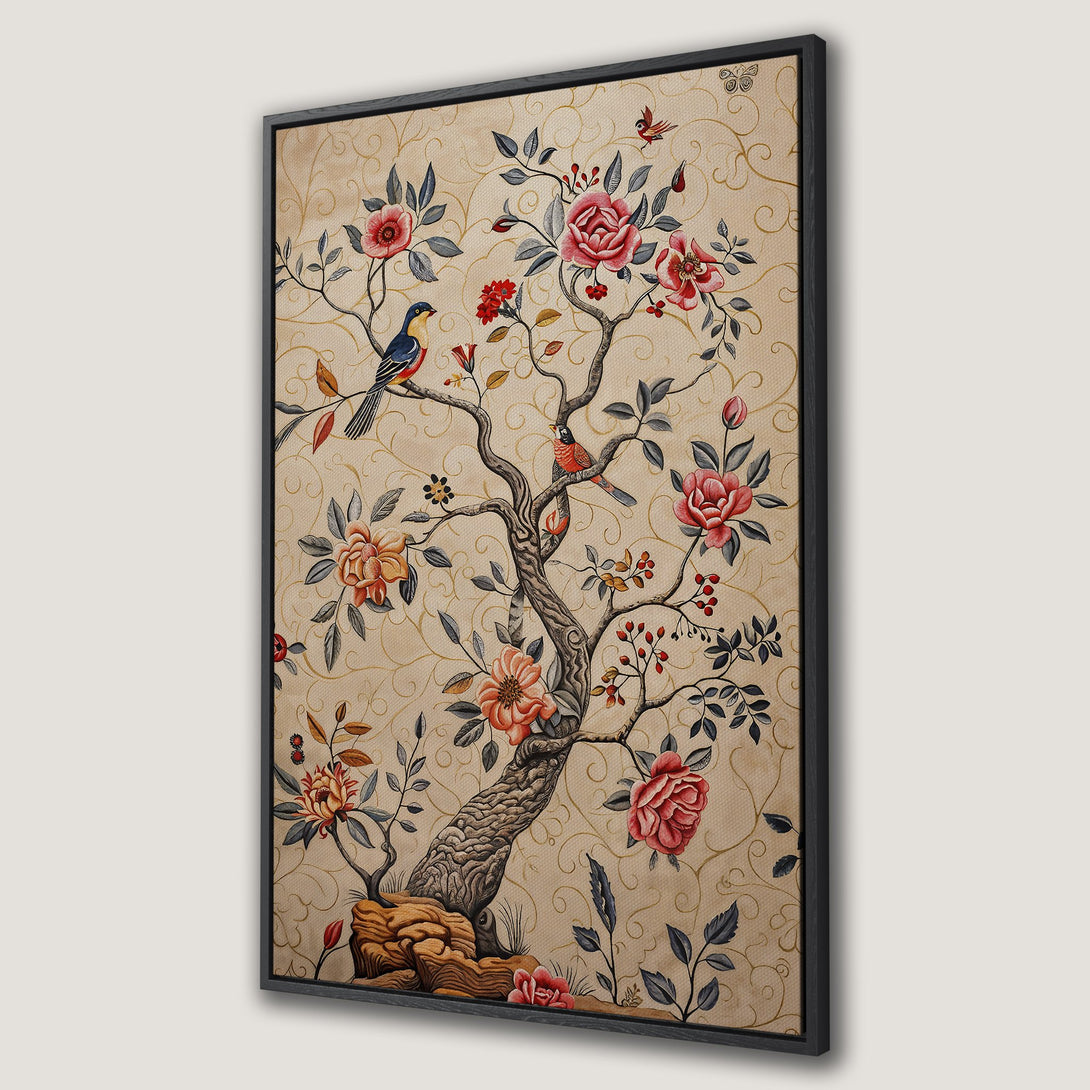 Framed Wall Art featuring a vintage floral tree design with birds. Warm, neutral color palette with pops of red and orange. Perfect for adding elegance to any space.