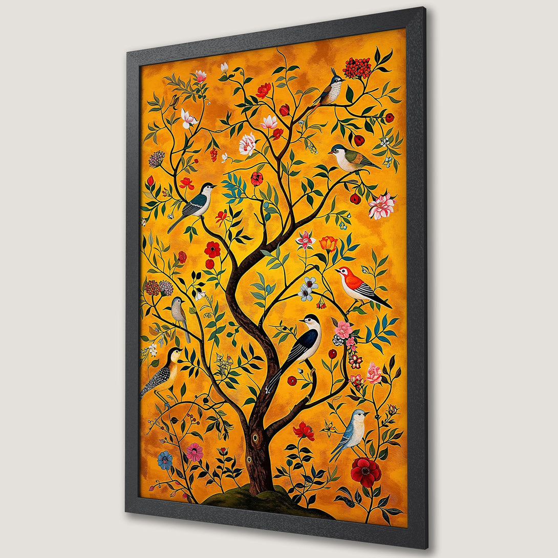 Framed Poster featuring a vibrant tree with birds, flowers, and a warm yellow/orange color palette. Perfect wall art!