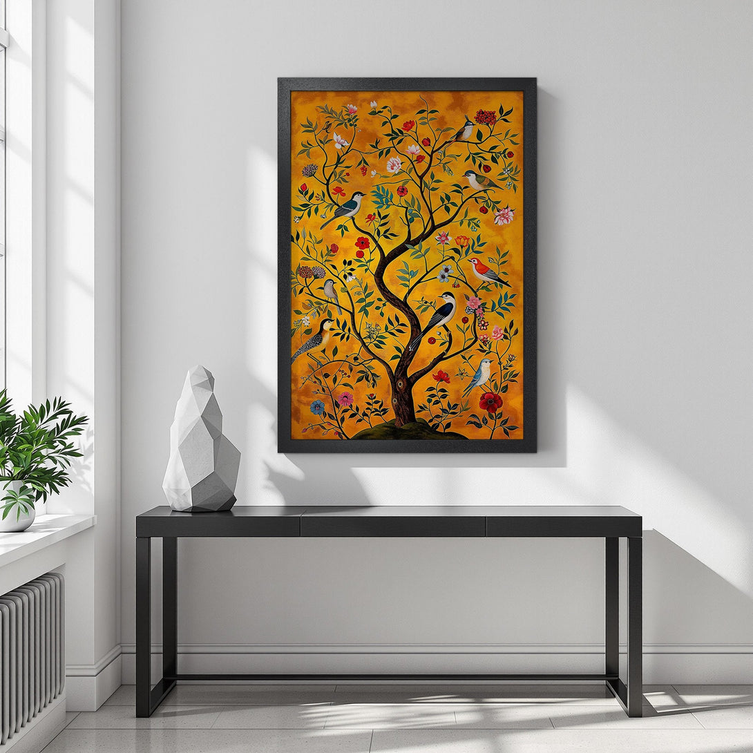 Framed Poster featuring a vibrant tree with birds, flowers, and a warm yellow background. Enhance your home decor with this beautiful art piece.