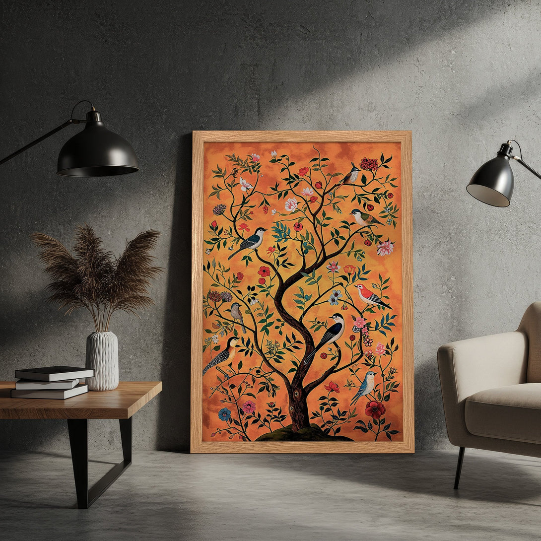 Framed Poster featuring a vibrant tree with birds. Artistic style, warm orange and earthy tones. Perfect wall art for home decor.