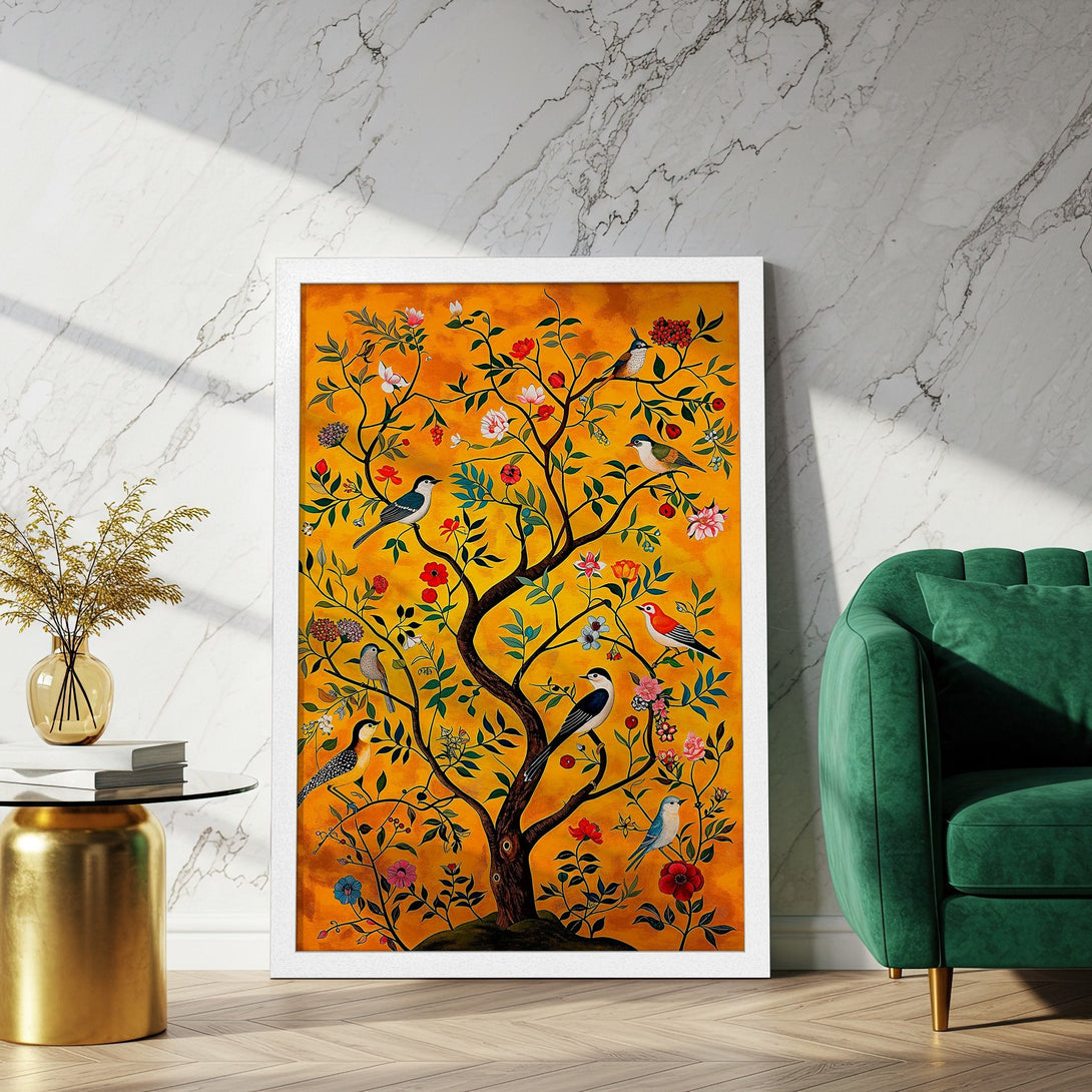 Framed Poster featuring a vibrant tree with birds, in a warm yellow and orange color palette. Perfect art for your home!