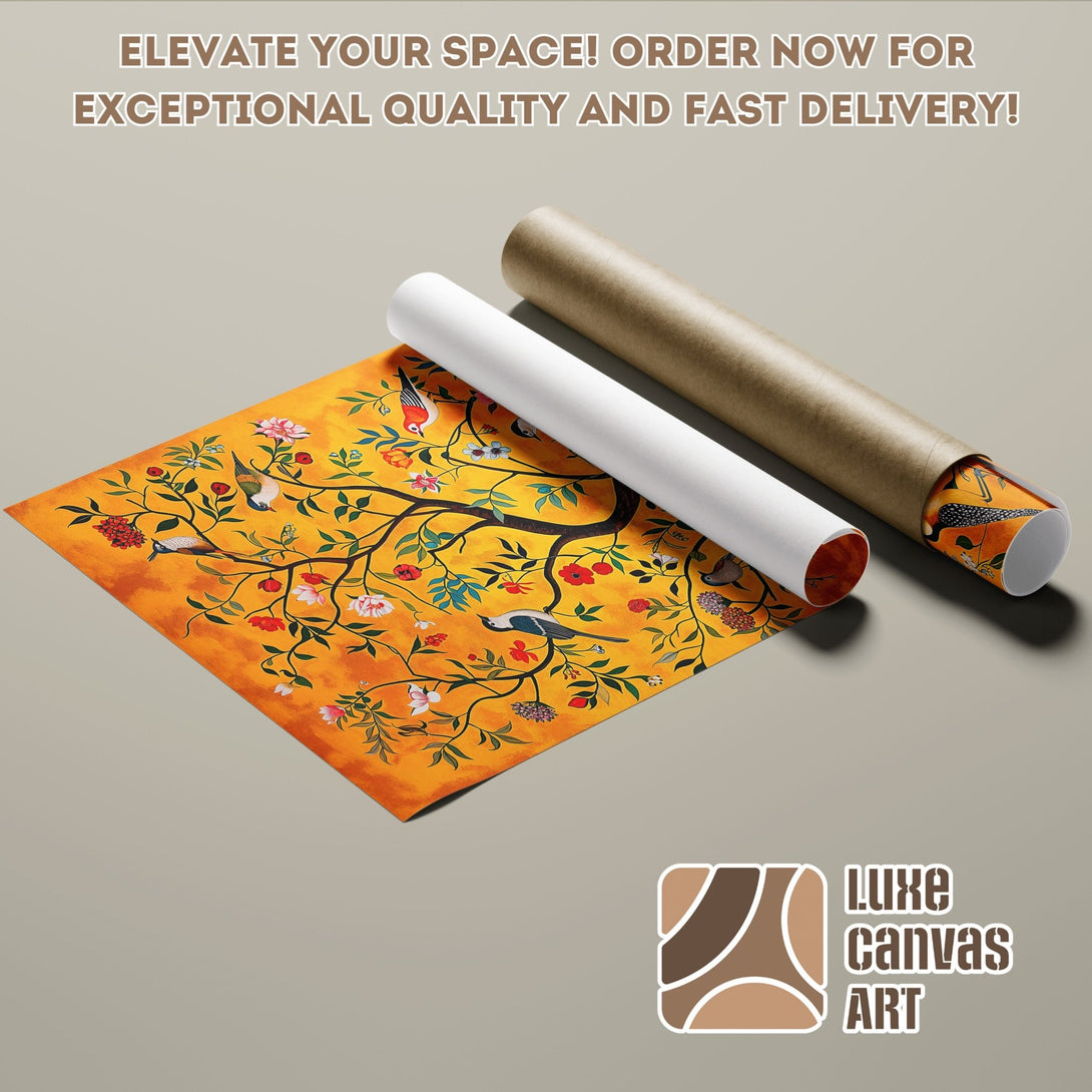Poster Roll featuring a vibrant botanical design with birds, in warm yellow and orange tones. Elevate your space!