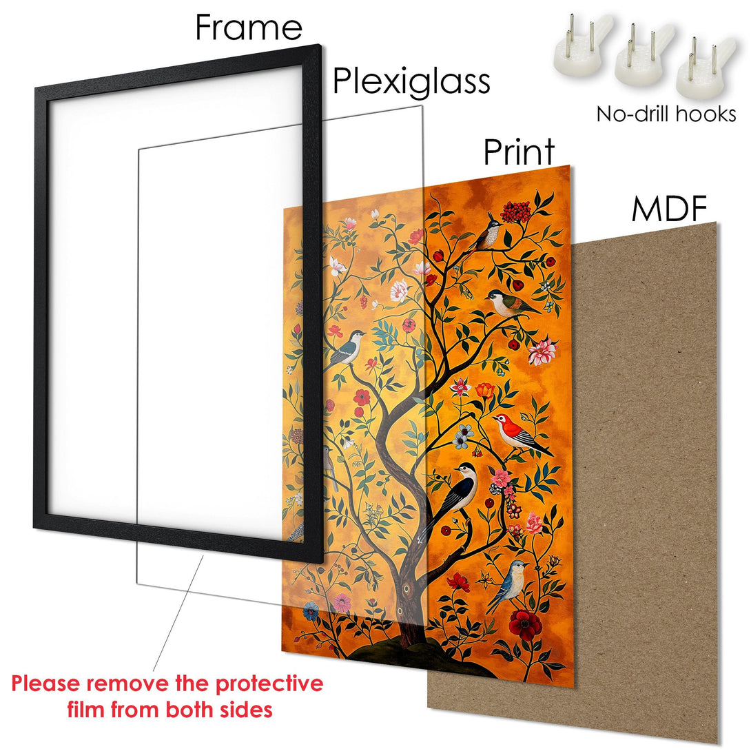 Framed Poster featuring birds & floral art in warm orange tones. Perfect wall decor!