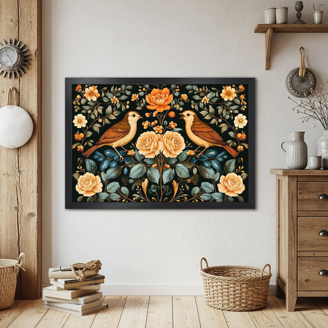 Framed Poster featuring birds & floral design in warm orange, yellow, and green tones. Perfect for home decor!