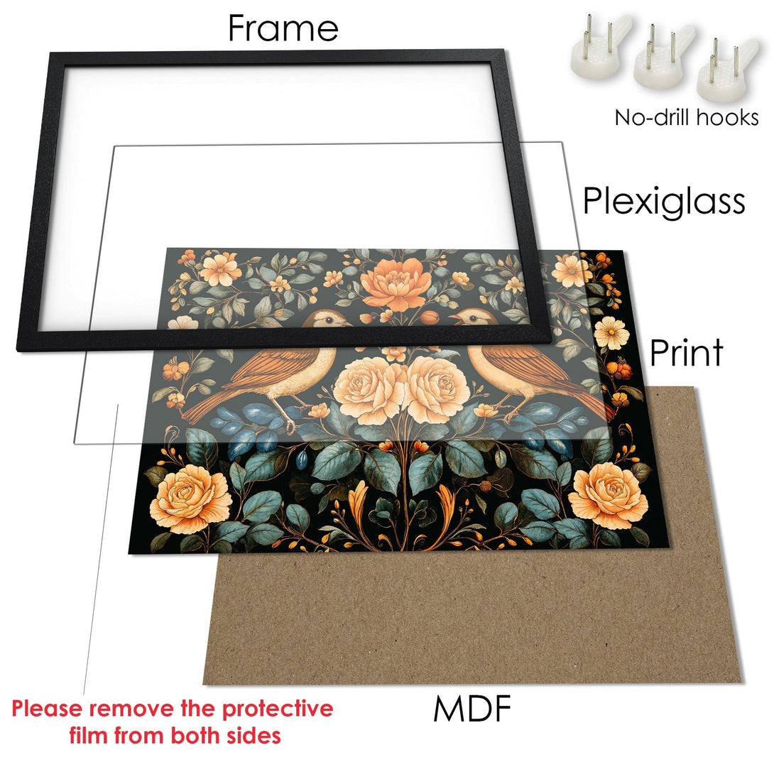 Framed Poster featuring floral and bird art in a vintage style with a warm, earthy color palette. Perfect wall decor!