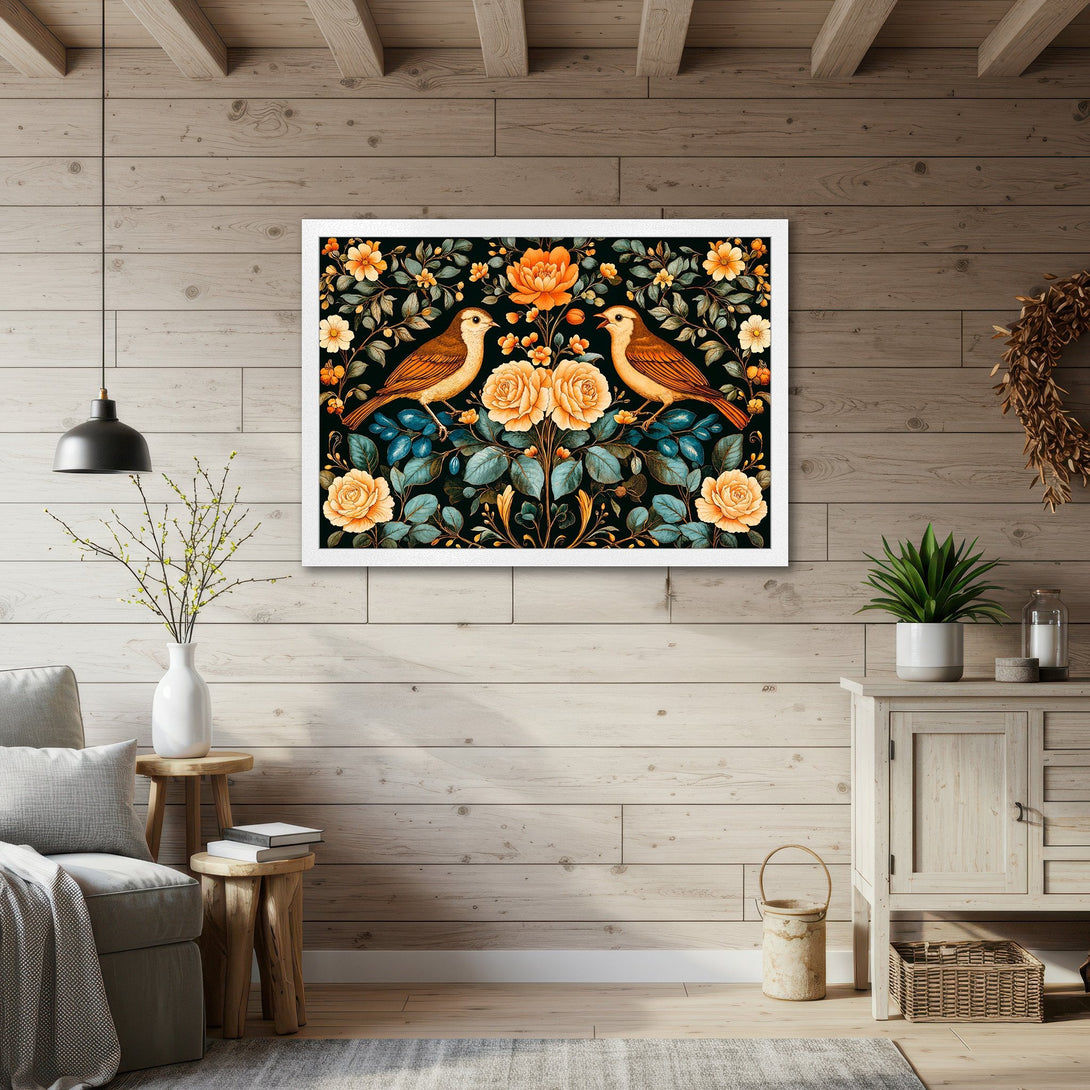 Framed Poster featuring birds and floral design in a vintage style with warm orange and teal tones. Perfect wall art for your home!