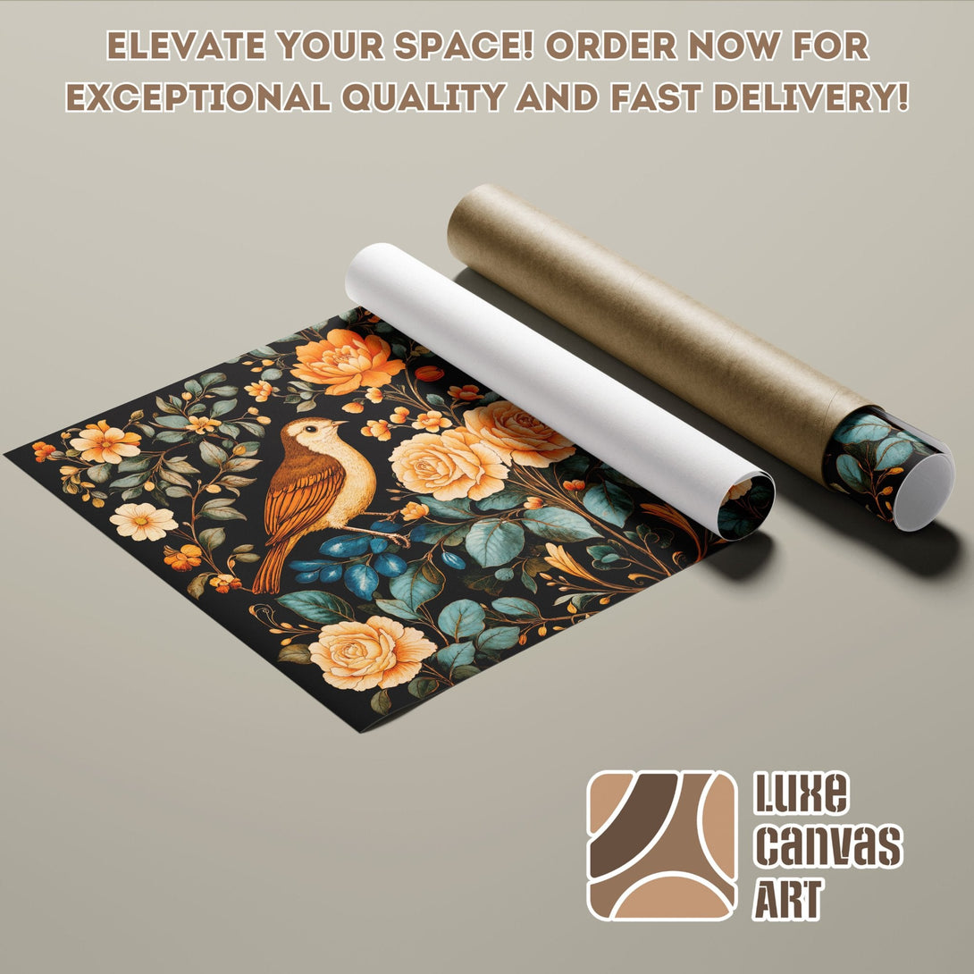 Floral Poster Roll with bird and roses, dark background, warm color palette. Elevate your space!