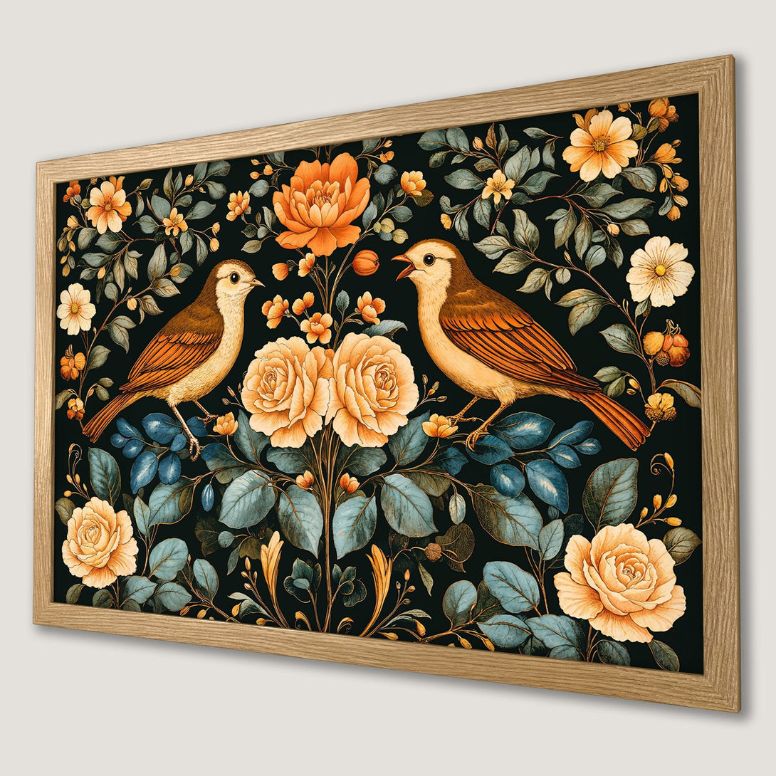 Framed Poster featuring birds & flowers in a vintage style, with a warm color palette of orange, yellow, and green on a dark background. Perfect wall art!