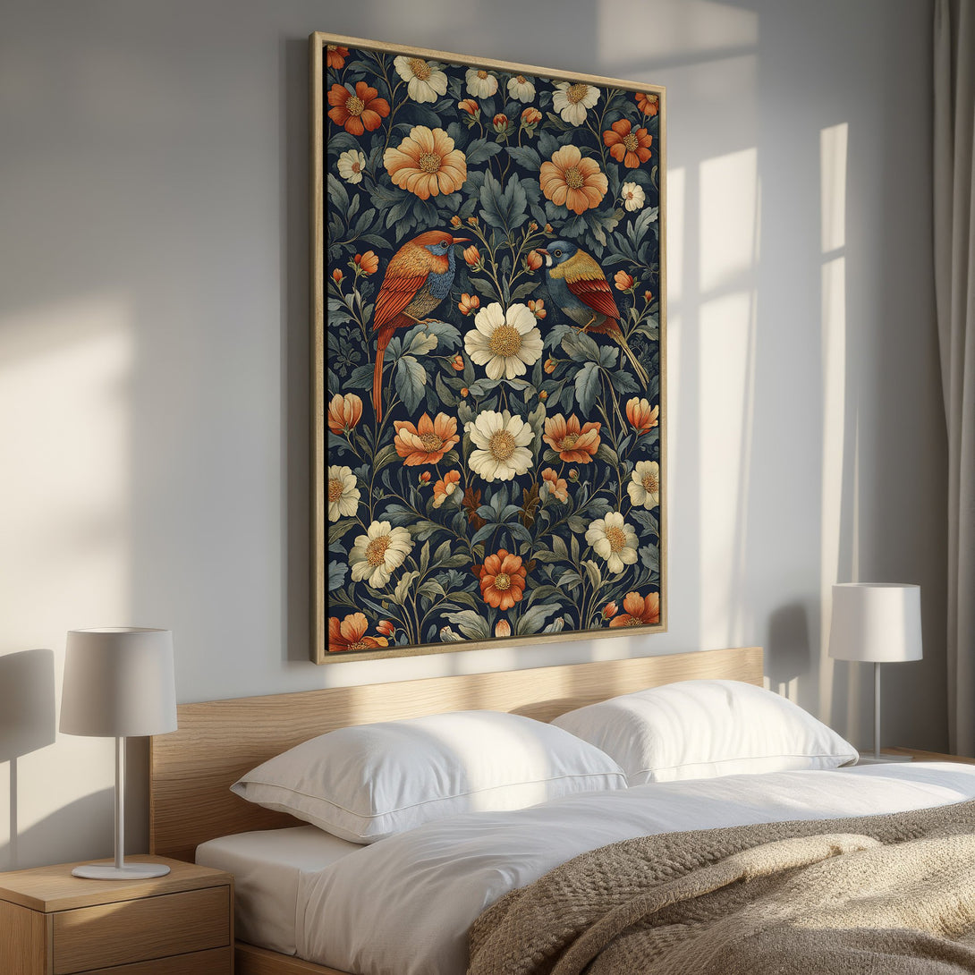Framed Wall Art featuring birds and floral pattern in a vintage style, with a navy, orange, and cream color palette. Perfect bedroom decor!