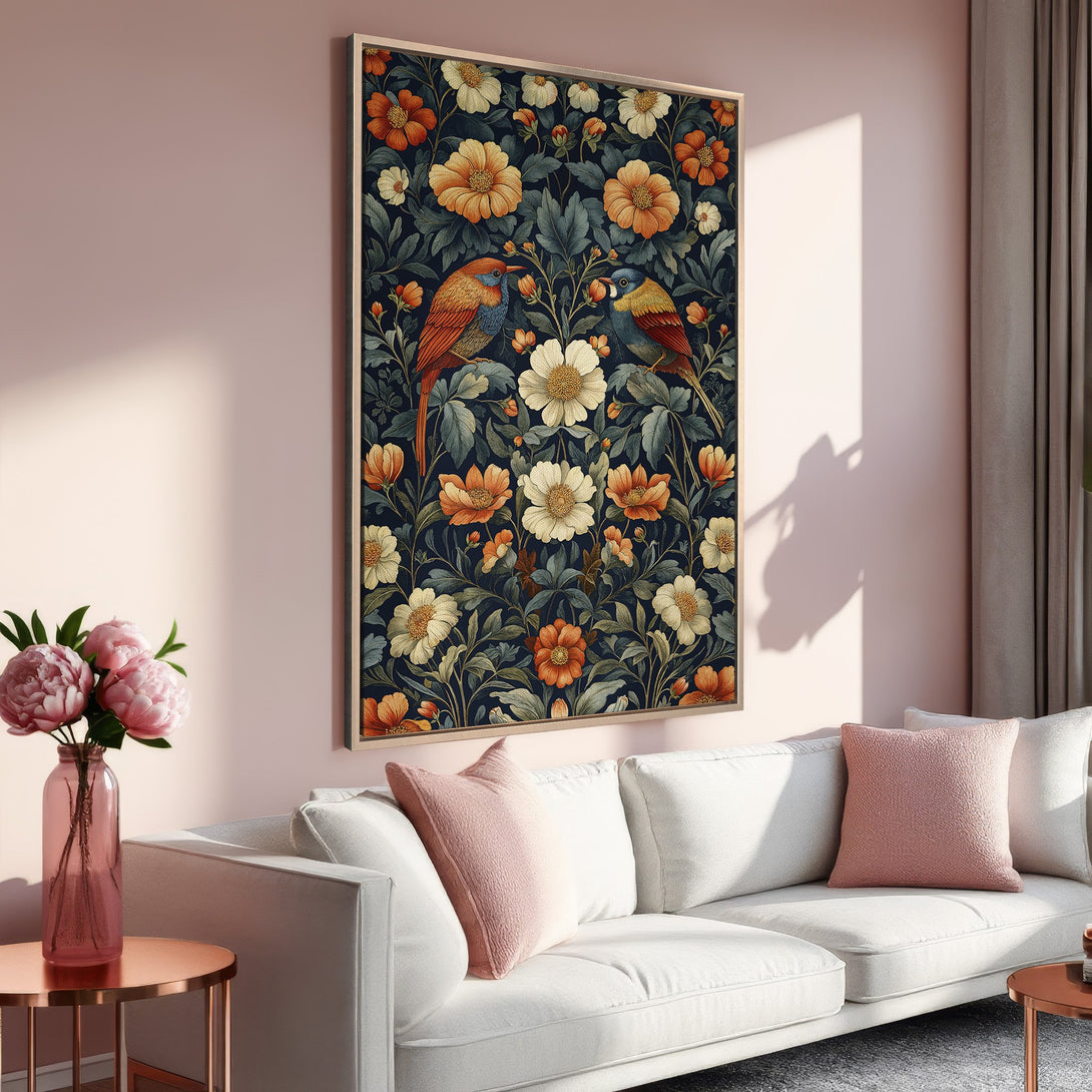 Framed Wall Art featuring birds and floral design in a vintage style, with a dark blue and orange color palette, perfect for home decor.