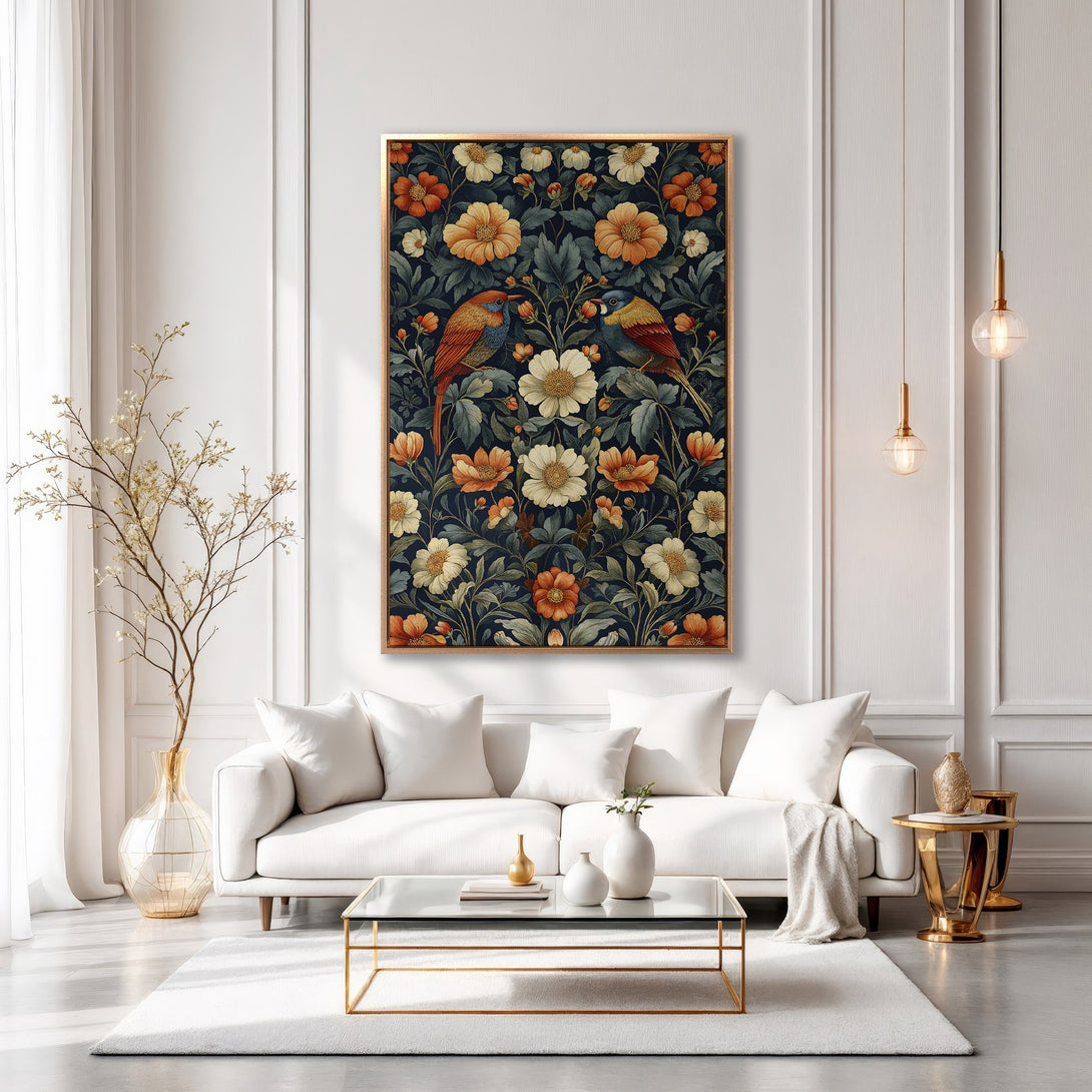 Framed Wall Art: Floral birds canvas print in a stylish living room. Features a dark blue, orange, and cream color palette, perfect for modern decor.
