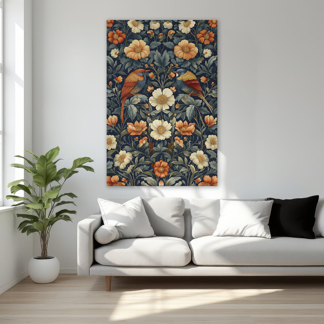Framed Wall Art featuring a floral and bird design in a dark blue, orange, and cream color palette. Perfect for adding a touch of elegance to your home decor.