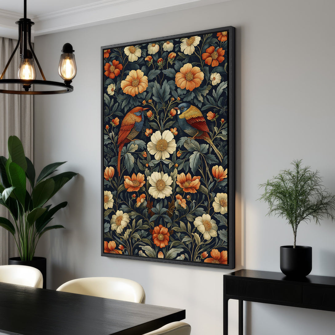 Framed Wall Art featuring a floral and bird design in a vintage style, with a dark blue, orange, and cream color palette. Perfect for home decor.