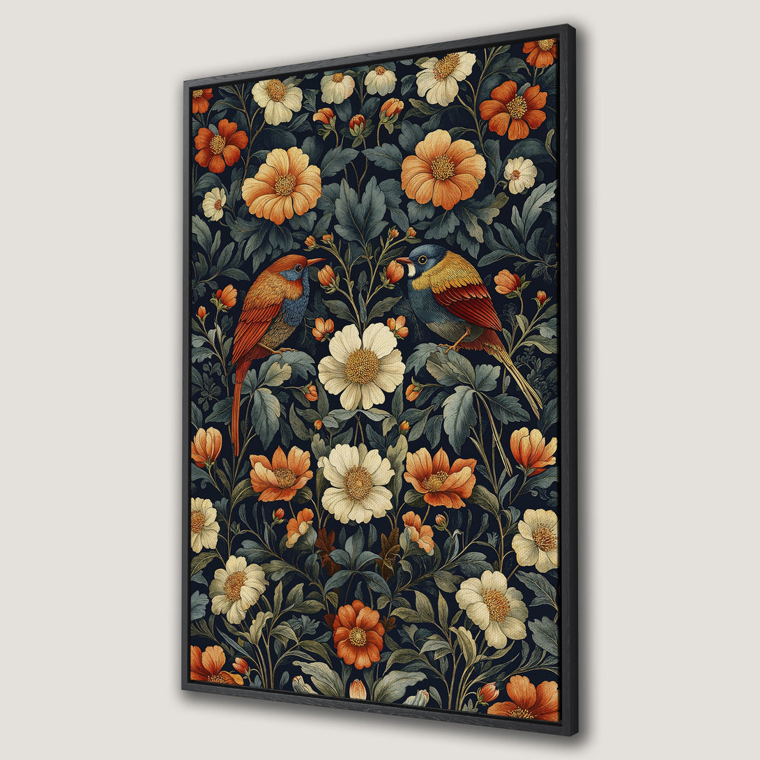 Framed Wall Art featuring a vintage floral and bird pattern. Rich navy, orange, and cream color palette. Perfect for adding a touch of elegance to your space.