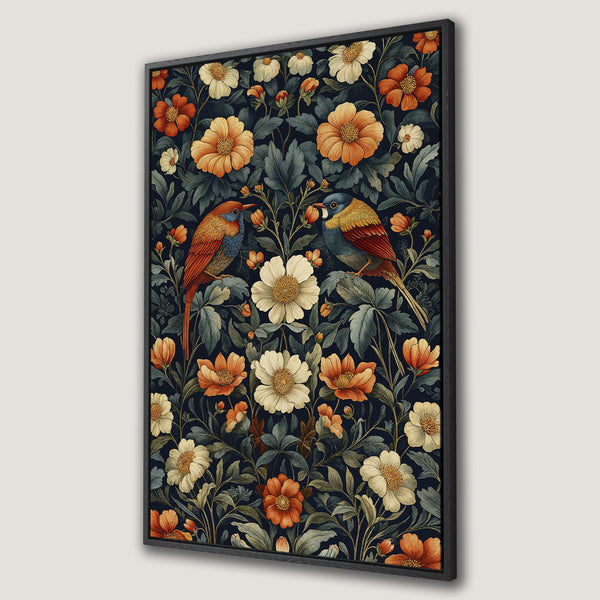 Framed Wall Art featuring a vintage floral and bird pattern. Rich navy, orange, and cream color palette. Perfect for adding a touch of elegance to your space.