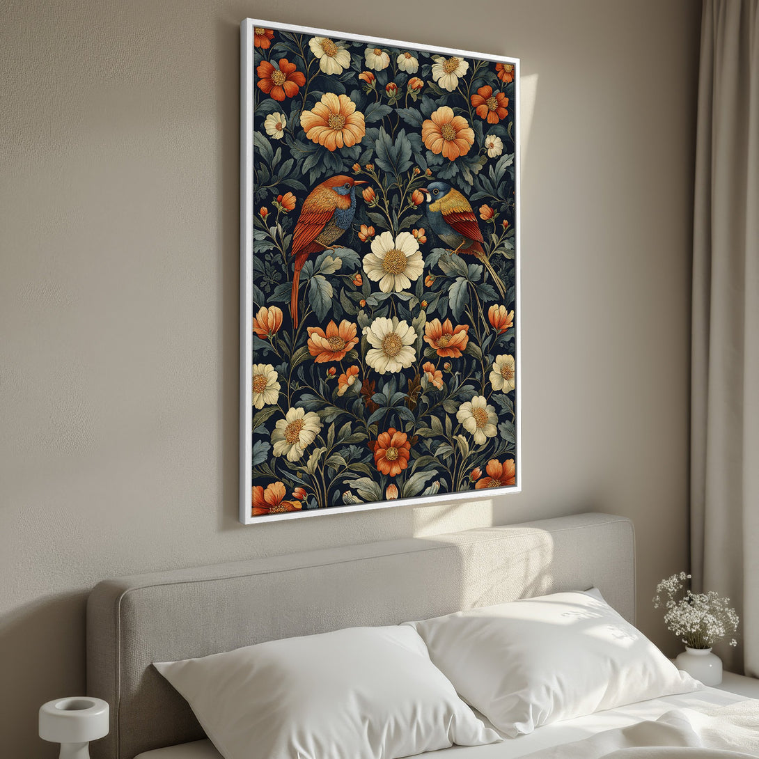 Framed Wall Art featuring a vintage floral and bird design in a rich navy, orange, and cream color palette. Perfect for adding a touch of elegance to any room.