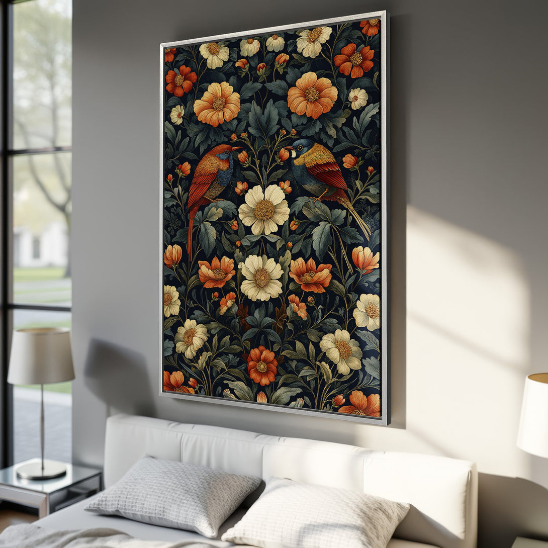 Framed Wall Art featuring a floral and bird design in a vintage style with a dark blue, orange, and cream color palette. Perfect for adding elegance.