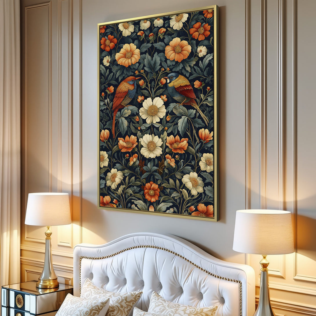 Canvas Print featuring a floral and bird design in a vintage style with a navy, orange, and cream color palette, perfect for home decor.
