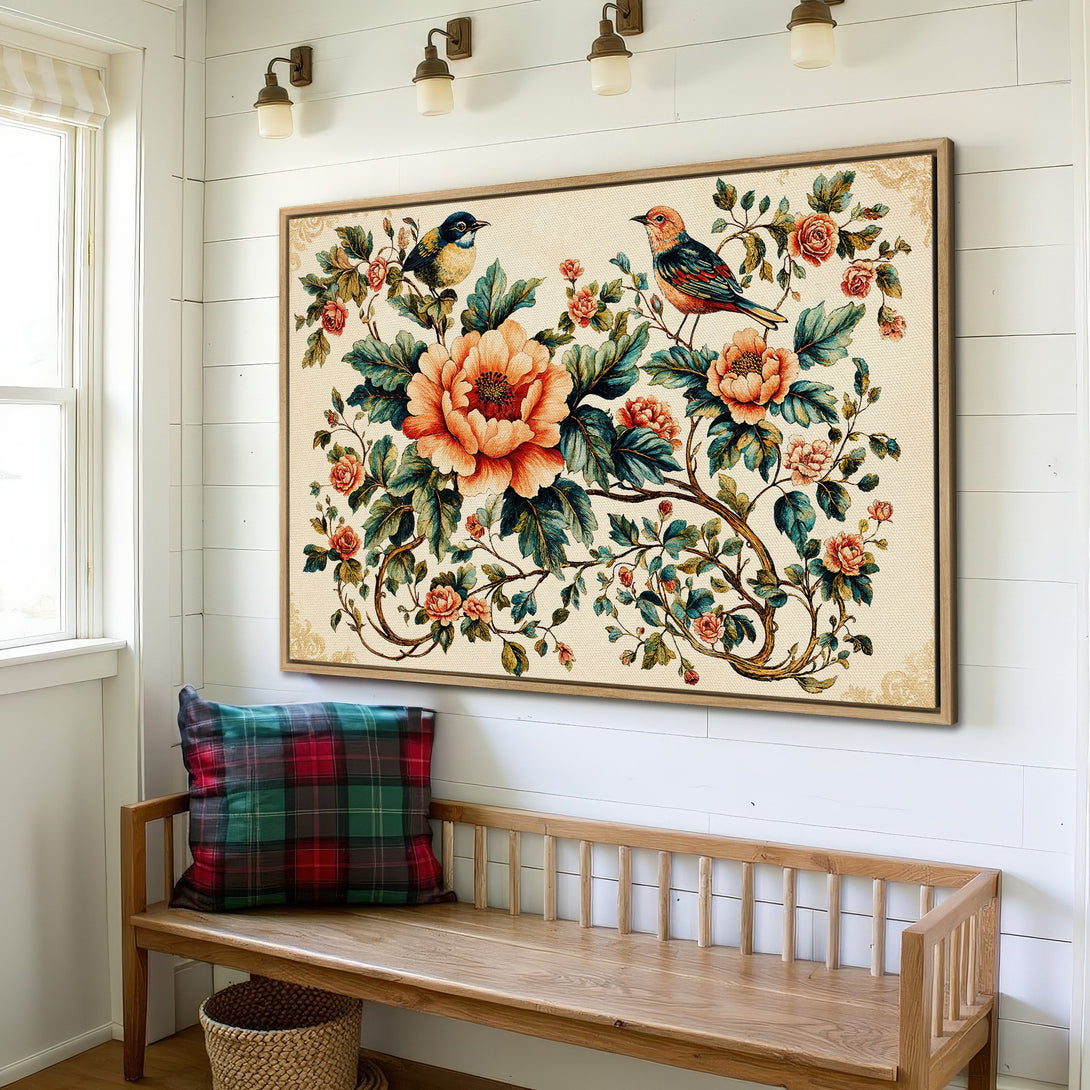Framed Wall Art: Vintage floral print with birds in warm tones. Perfect for adding a touch of elegance to your home decor.