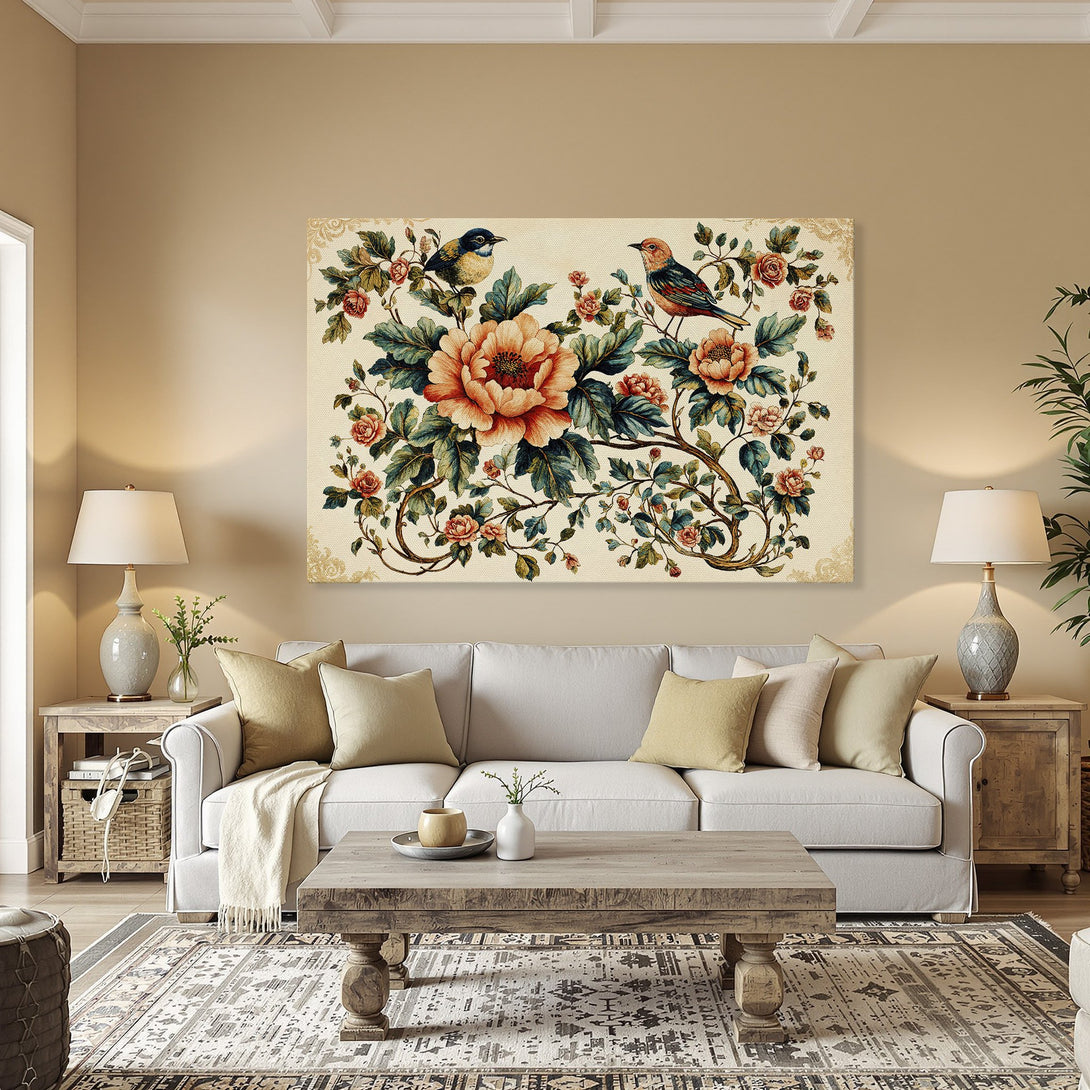 Framed Wall Art: Floral bird print in warm tones. Vintage style canvas print with birds, flowers, and a cream, orange, and teal color palette.