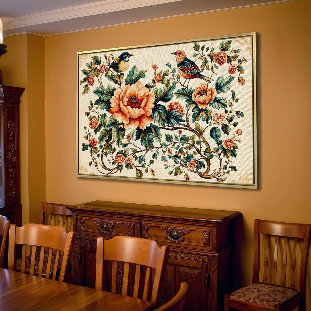 Canvas Print featuring vintage floral and bird illustration in warm, earthy tones. Perfect for adding a touch of elegance to your living room!