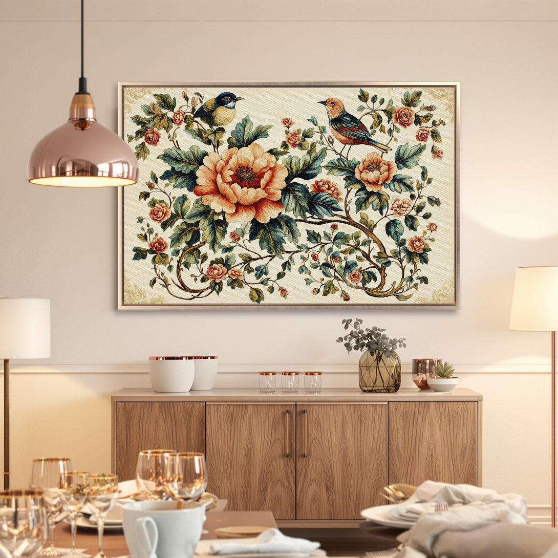 Framed Wall Art: Vintage floral bird print in warm tones. Adds elegance to any room. Shop our Canvas Print collection today!