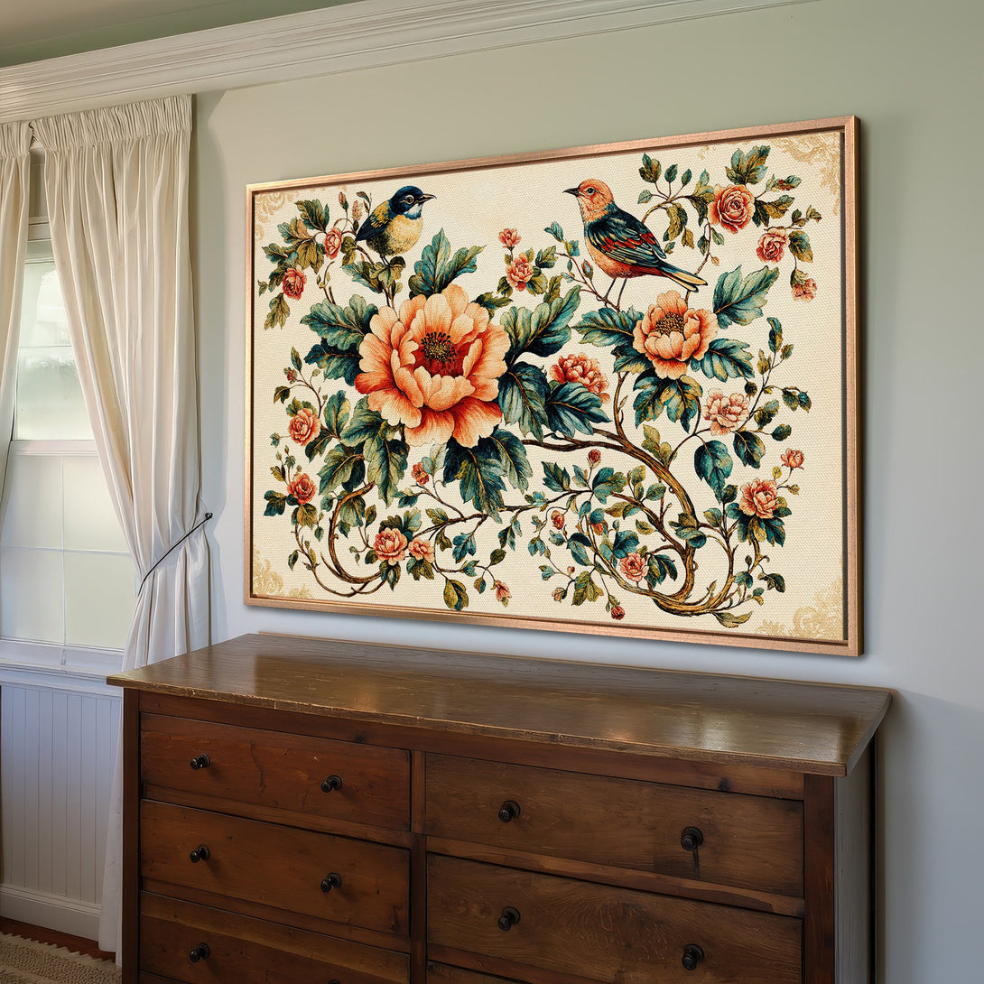 Framed Wall Art: Vintage floral print with birds. Warm color palette of orange, teal, and cream. Perfect for adding a touch of elegance to your home!