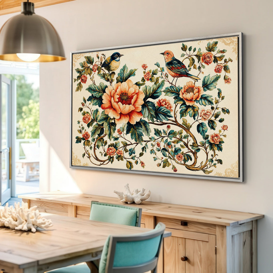 Framed Wall Art: Vintage floral print with birds. Warm color palette of peach, teal, and cream. Perfect for adding elegance to your home.