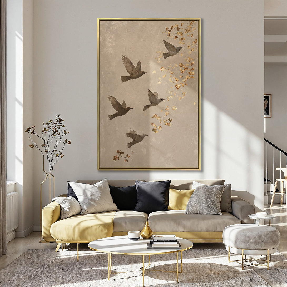 Canvas Print of birds in flight, neutral tones, displayed in a cozy interior. Perfect wall art for a serene and stylish home.