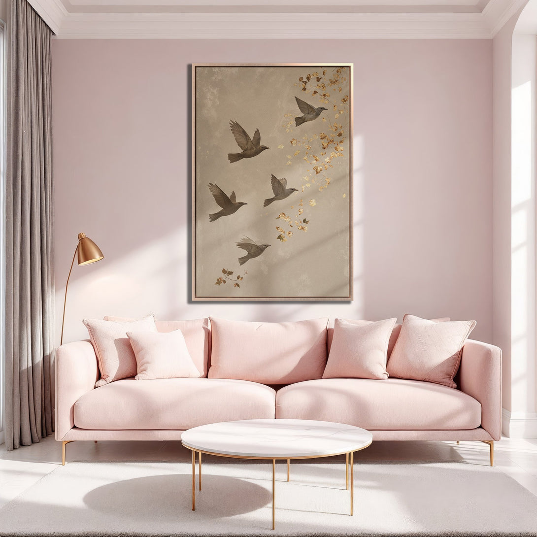 Framed Wall Art: Elegant birds in flight canvas print. Neutral tones with gold accents, perfect for adding a touch of serenity to your living room. Shop now!