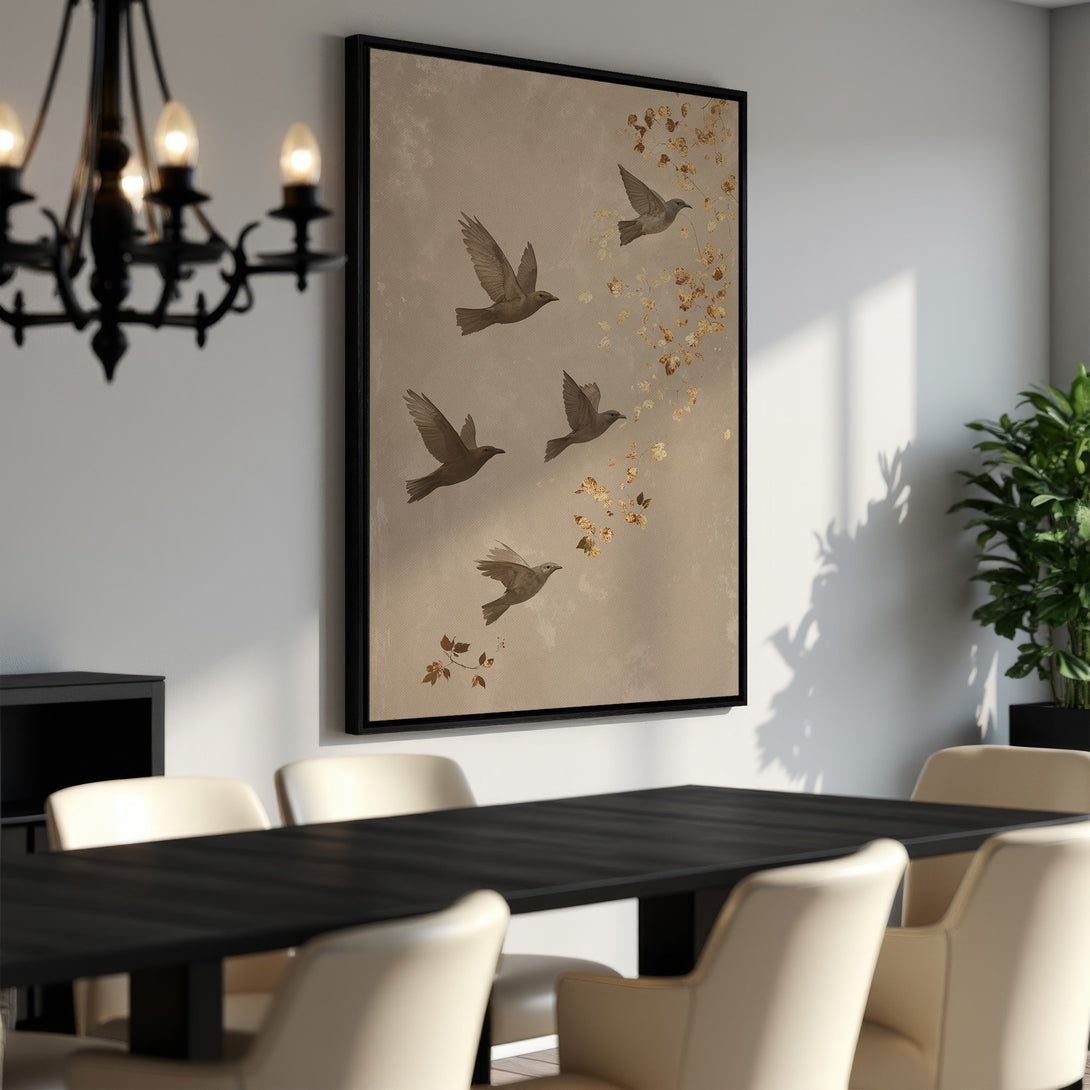 Framed Wall Art featuring birds in flight, neutral tones. Elegant canvas print adds a touch of nature and serenity to any room. Shop now!
