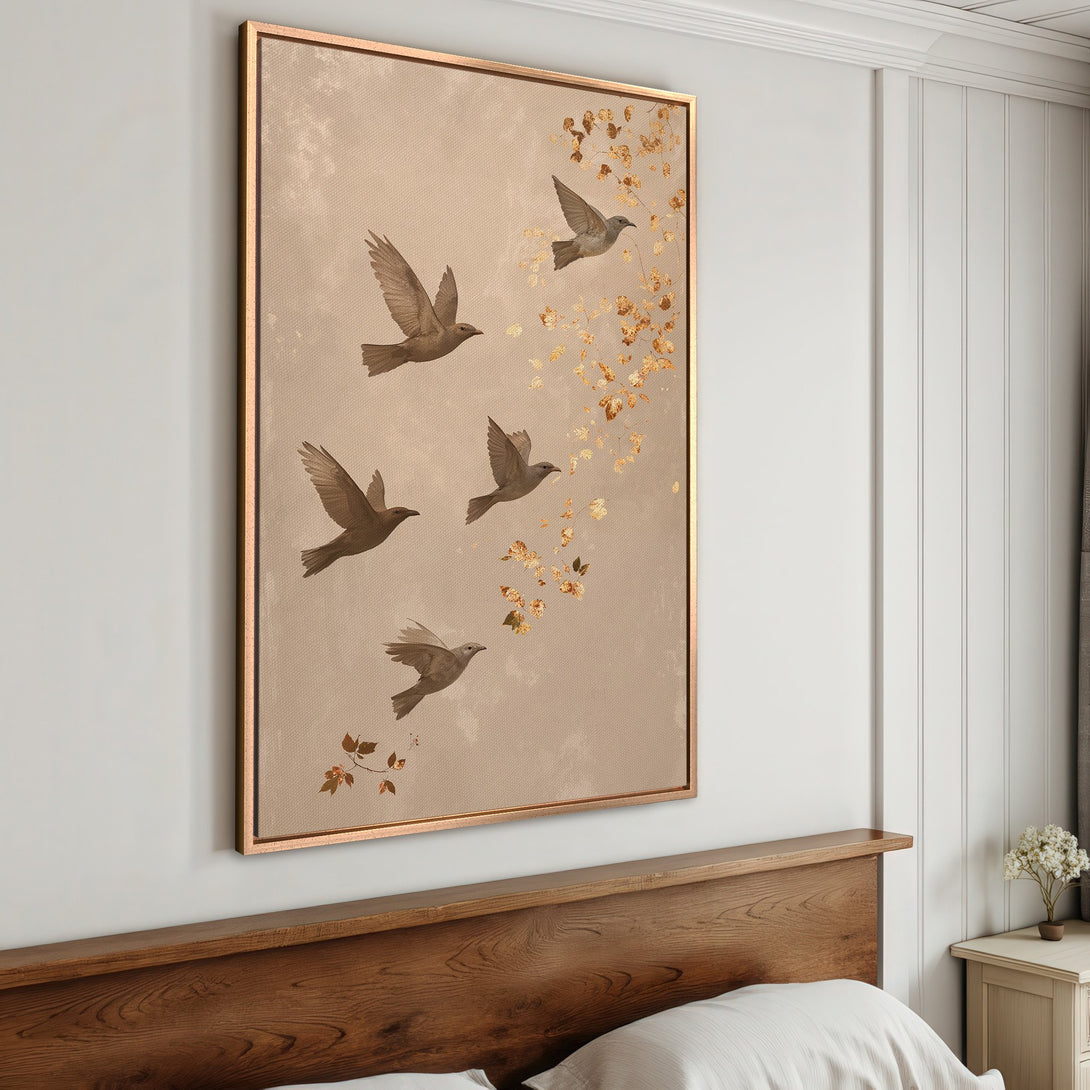 Framed Wall Art featuring birds in flight. Neutral color palette with gold accents. Perfect for adding a touch of elegance to your bedroom decor.