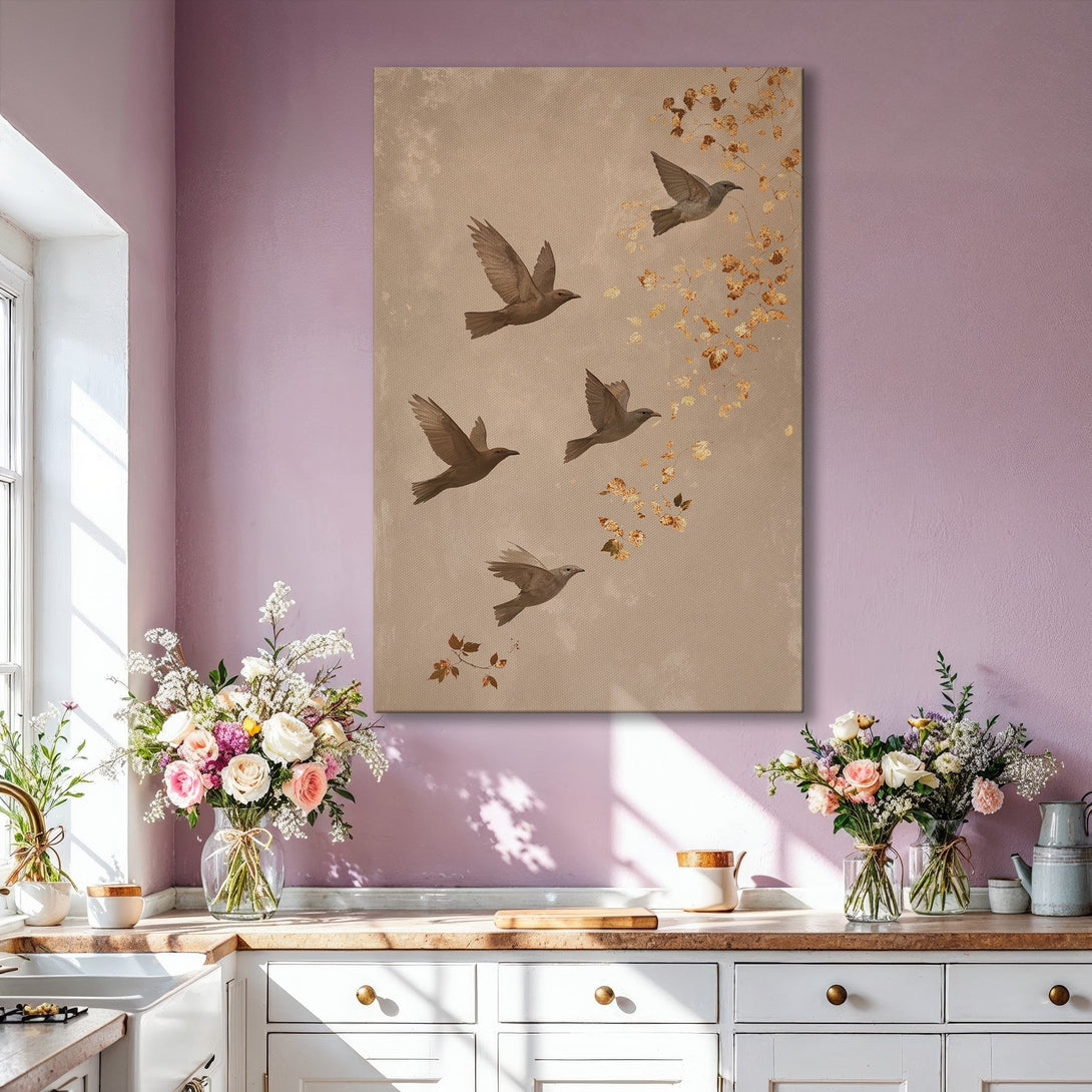 Framed Wall Art featuring birds in flight, neutral tones. Modern art print with a gold frame, perfect for adding a touch of elegance to any room.