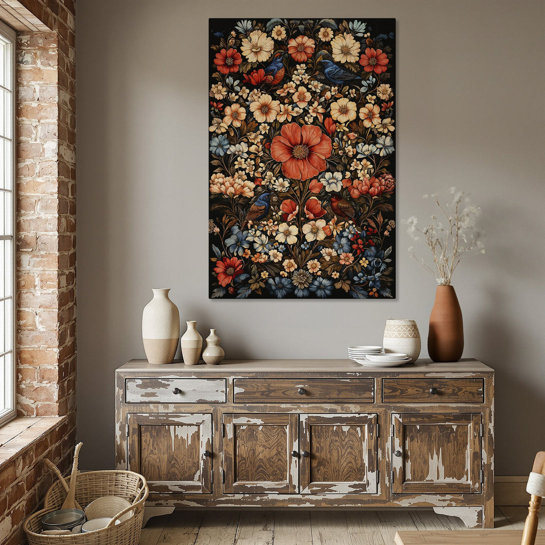 Framed Wall Art featuring vibrant floral design with birds, in a warm, inviting color palette. Perfect for adding elegance to your dining room!