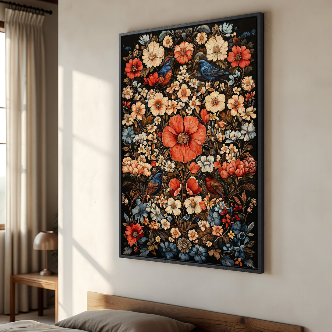 Framed Wall Art: Floral Canvas Print with birds in a vintage style. Features a warm color palette of reds, oranges, and blues on a black background.