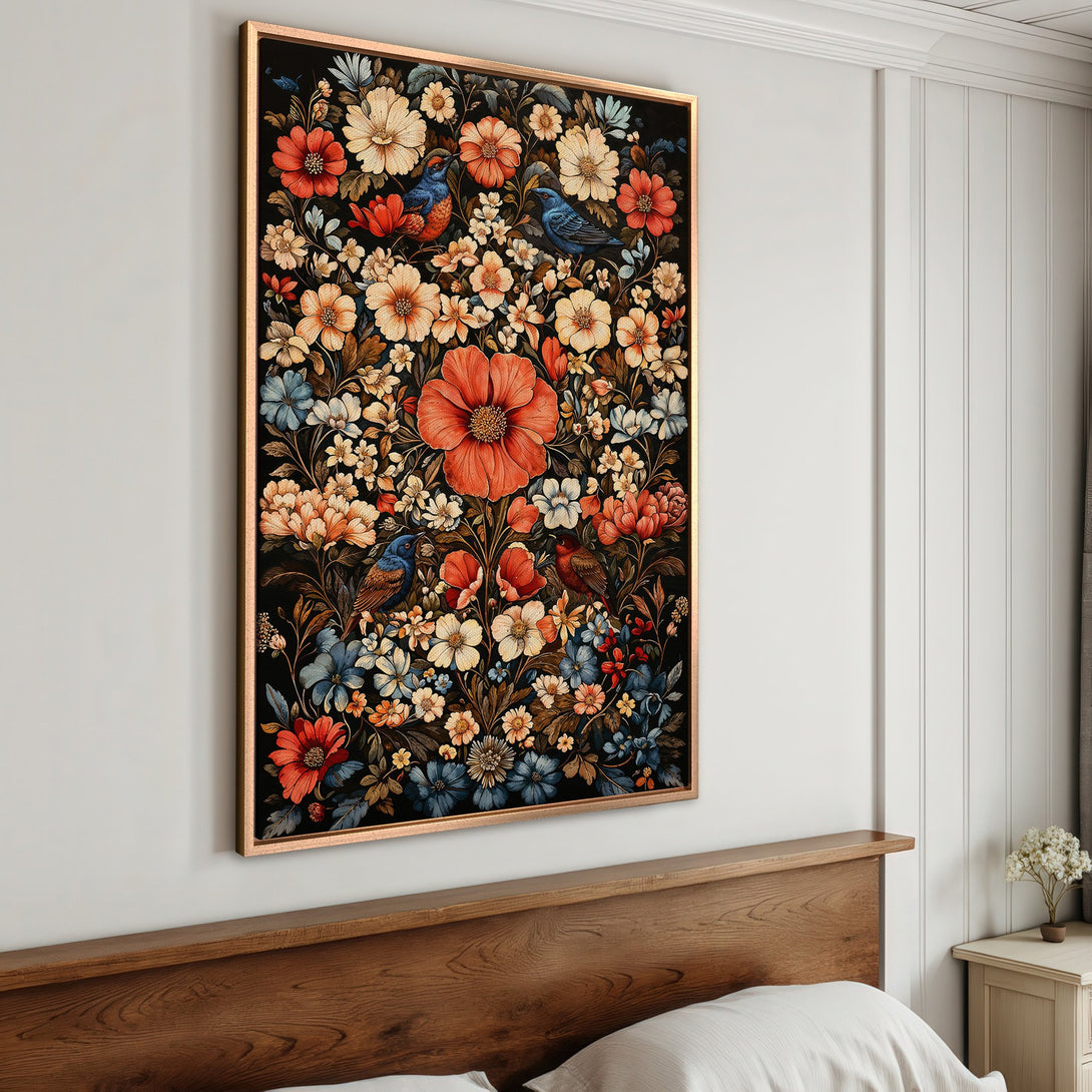 Framed Wall Art featuring a vibrant floral design with birds, in a vintage style with a warm, rich color palette. Perfect for bedroom decor.