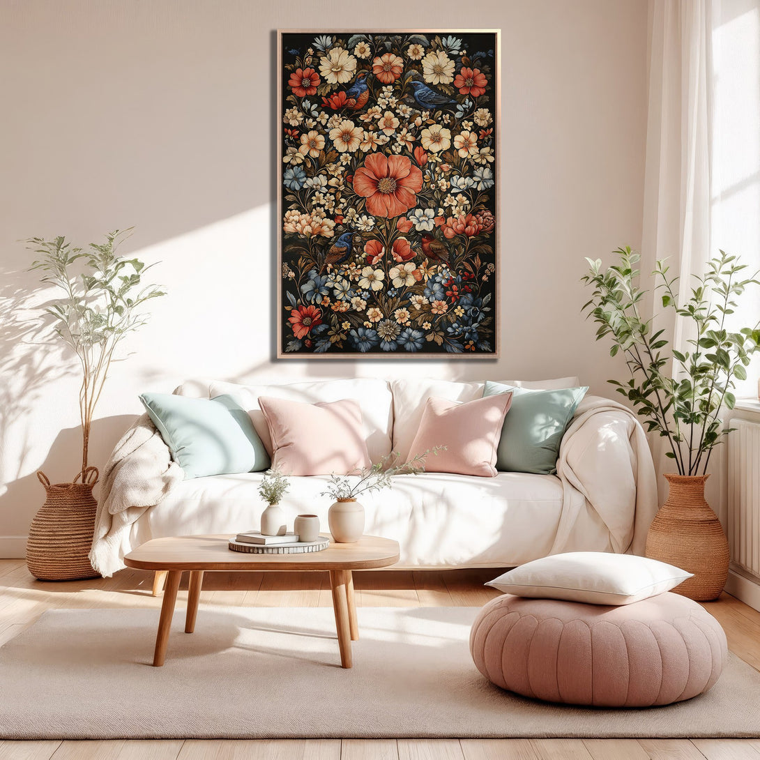 Framed Wall Art: Floral Canvas Print with birds in a vintage style, featuring a warm color palette of reds, blues, and oranges. Perfect home decor.