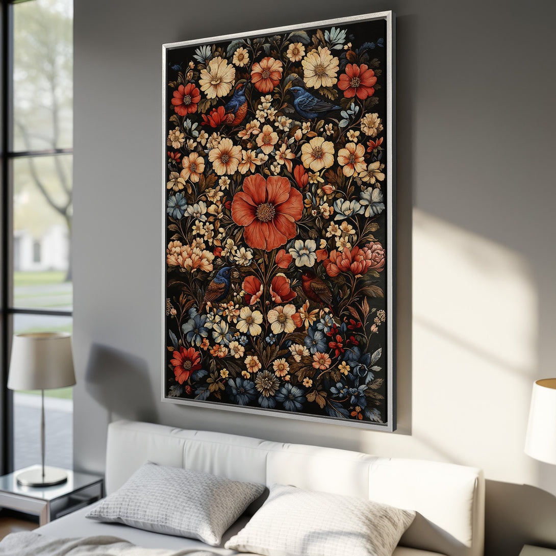 Framed Wall Art: Floral Canvas Print with birds. Vintage style, featuring a dark background with red, orange, blue, and cream flowers. Adds elegance to any room!